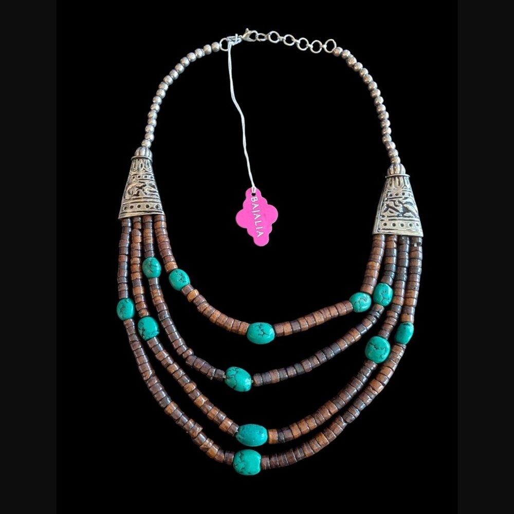 Bajalia Faux Turquoise Wood Bead Multi Strand Silver Tone 24.25" Necklace
